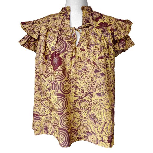 Ulla Johnson Tops - Ulla Johnson Letty Gold Purple Floral Ruffle Shoulder Blouse Top